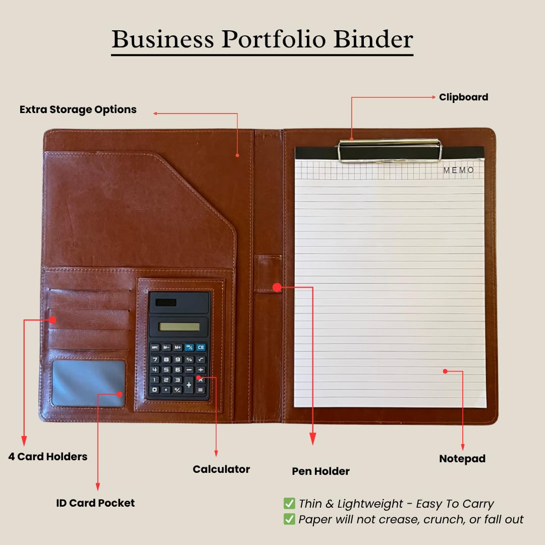Poshieca Leather Portfolio Binder for Business use, Document Organizer with Smart Storage, Calculator, Writing pad, – padfolio All in one, Professional Binder Portfolio for Women and Men