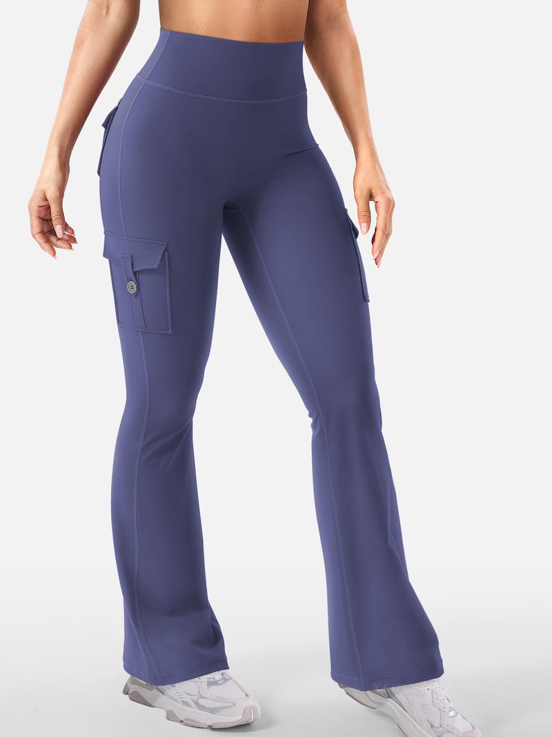 YEOREO CoreFlex Women Workout Flare Leggings with Pockets Hidden Scrunch High Waisted Cargo Gym Yoga No Front Seam Leggings Dark Blue L