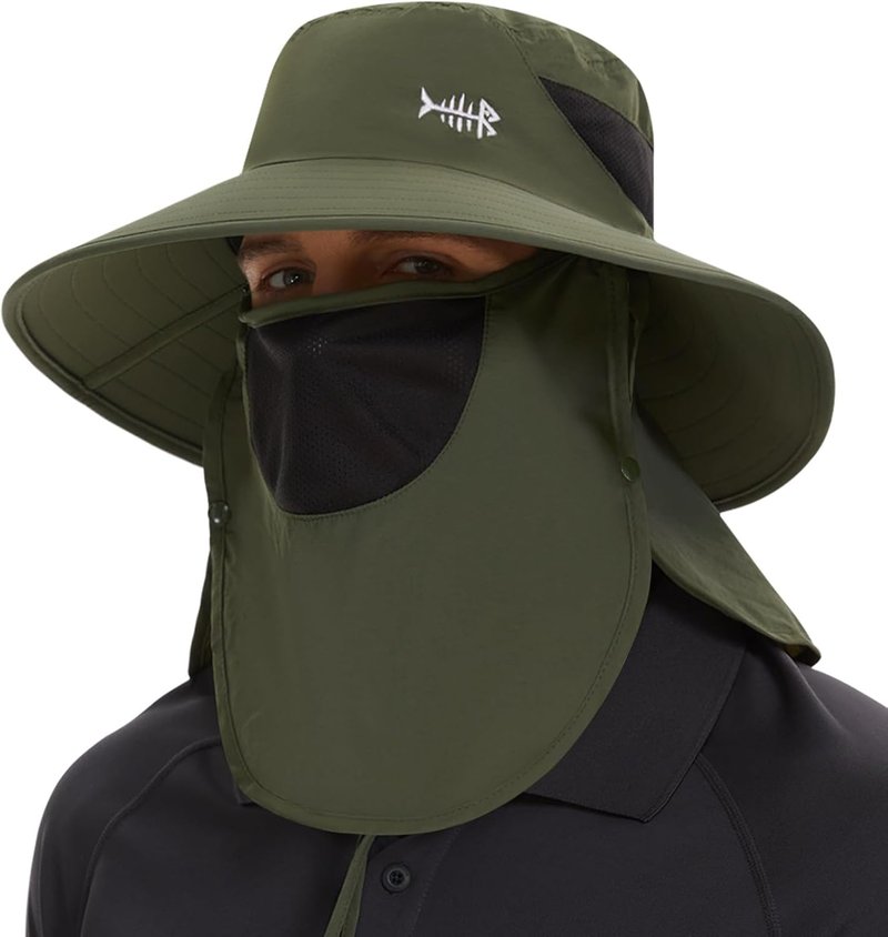 BASSDASH UPF 50+ Sun Hat - Breathable Wide Brim Bucket Hat with Removable Face Cover & Neck Flap for Fishing & Hiking