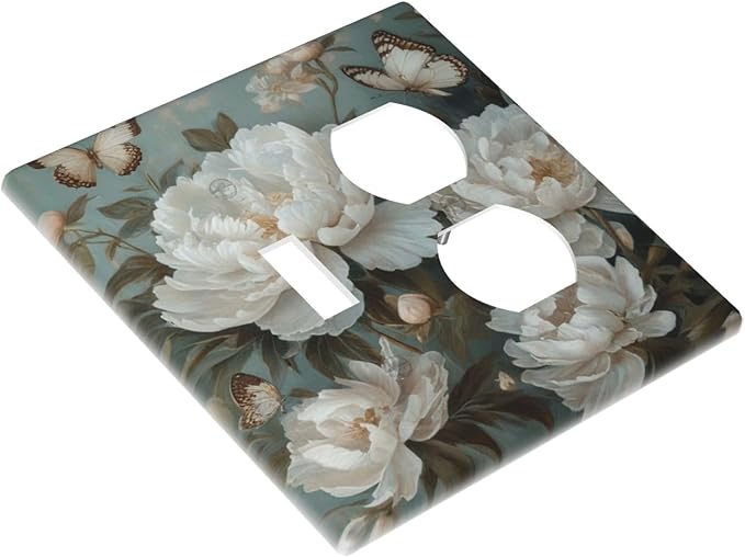 Decorative Art Light Switch Covers Butterflies & Peonies 2 Gang Single Toggle Duplex Combination Electrical Faceplate Switchplate Wall Plate for Home Decor