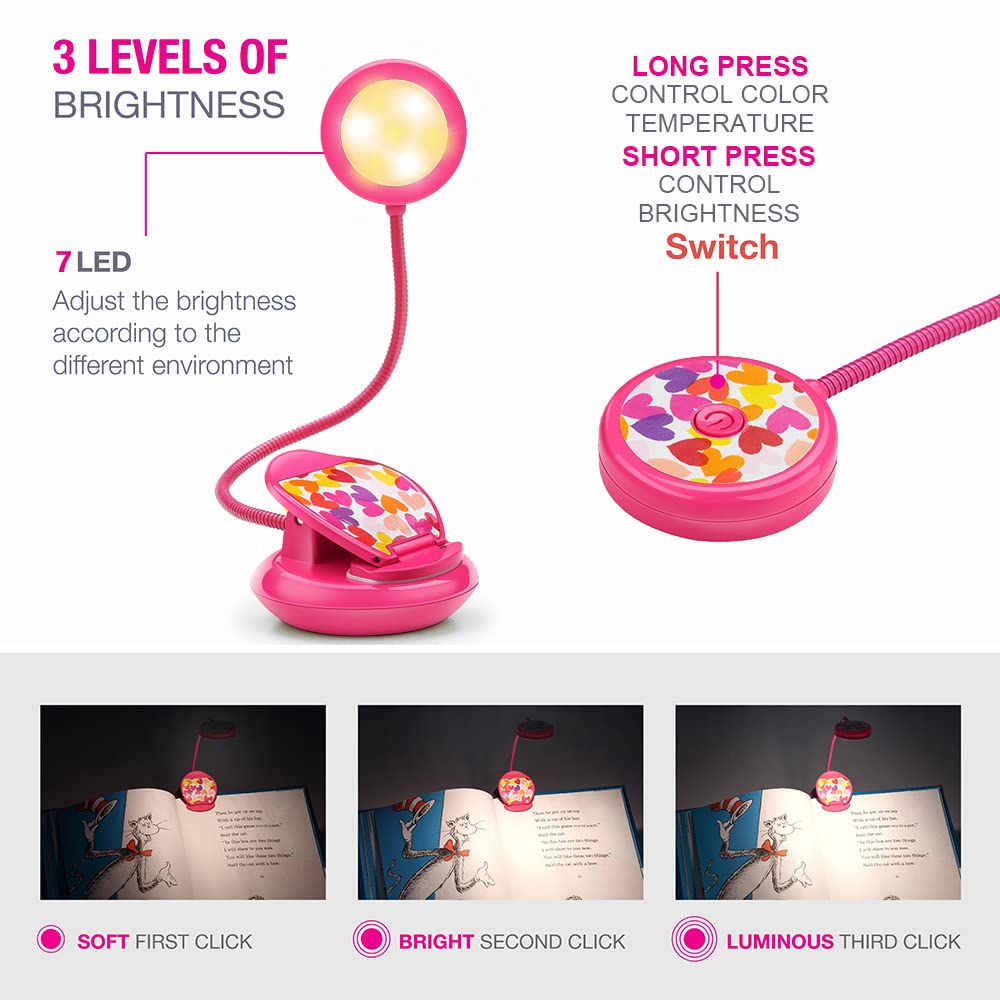 Vekkia Cute Rechargeable Book Light, Eye-Care Clip on Lights for Reading in Bed, 3 Colors & 3 Brightness, 1.8oz Lightweight, Up to 40 Hours Useage, Great Gifts for Kids & Readers (Rose Red)
