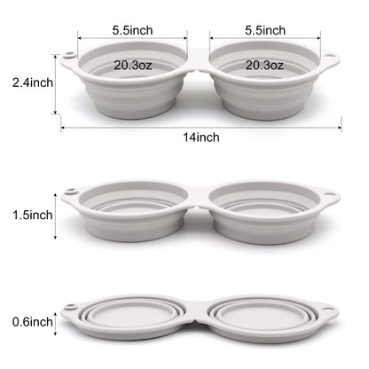 SLSON Collapsible Dog Bowls,Integrated Molding Dog Double Bowl No Plastic Rim 2 in 1 Foldable Pet Food & Water Bowl Cat Feeder Dish for Walking,Hiking,Camping (Cold Grey)