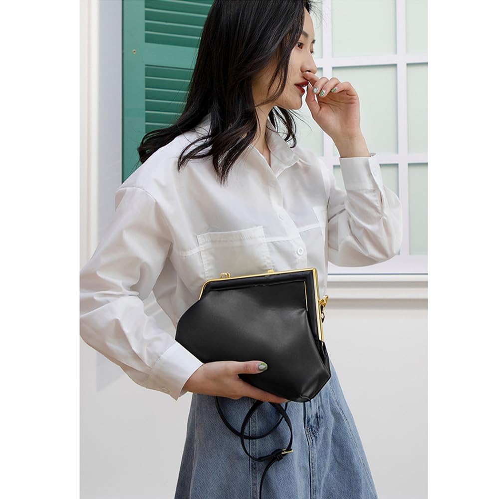 PU Leather Crossbody Bag for Women, Vintage Frame Clutch Purse with Kiss Lock Closure, Small Handbag Evening Bag (Black)
