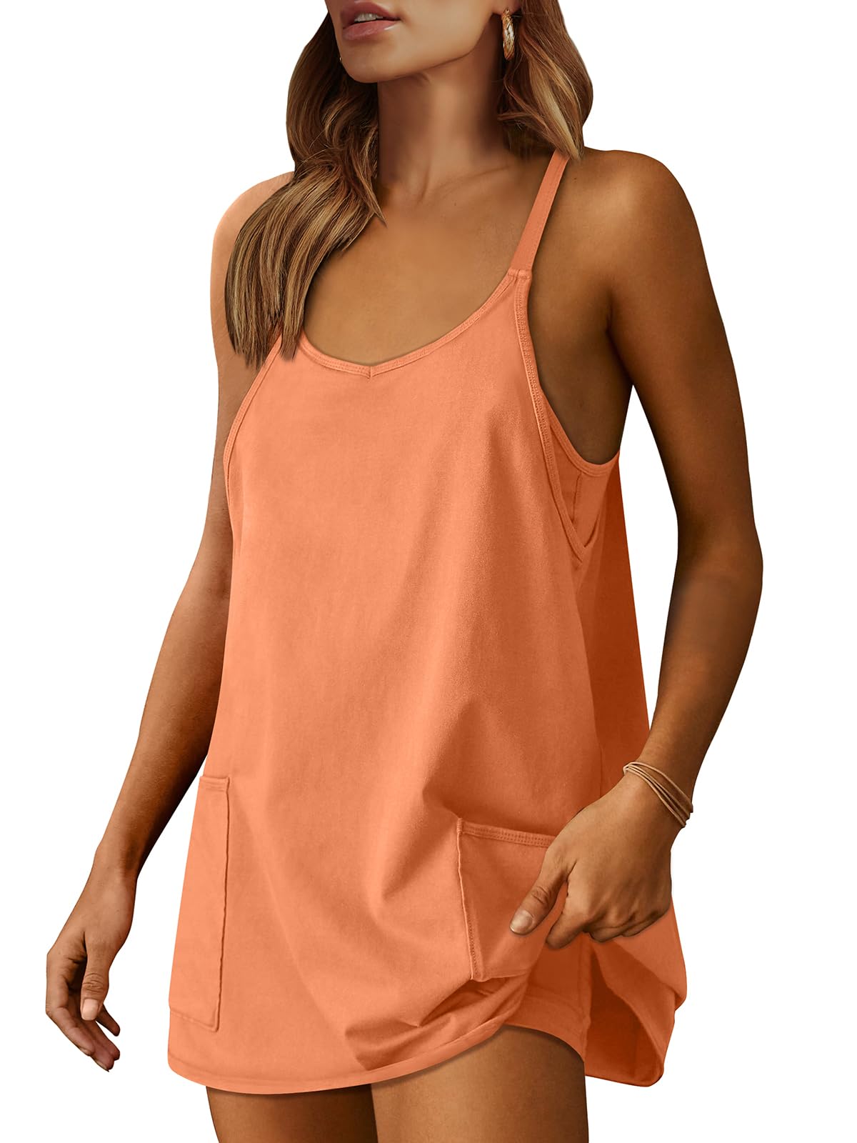 ANRABESS Women Athletic Dress Summer Tennis Workout Active Sports Mini Romper Dress Built in Shorts Travel Vacation Clothes Orange X-Large