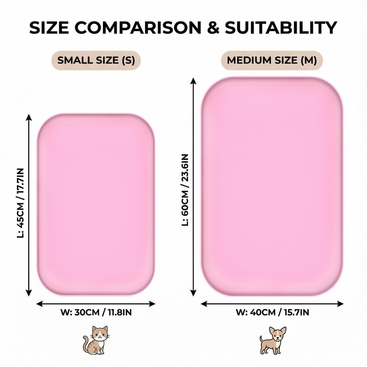 BLESWIN Waterproof Silicone Pet Feeding Mat Pink with Raised Edge,24" x 16"Non-Skid Spill Proof Dog Bowl Mats, Easy Clean Cat Bowls Placemat for Cats and Dogs