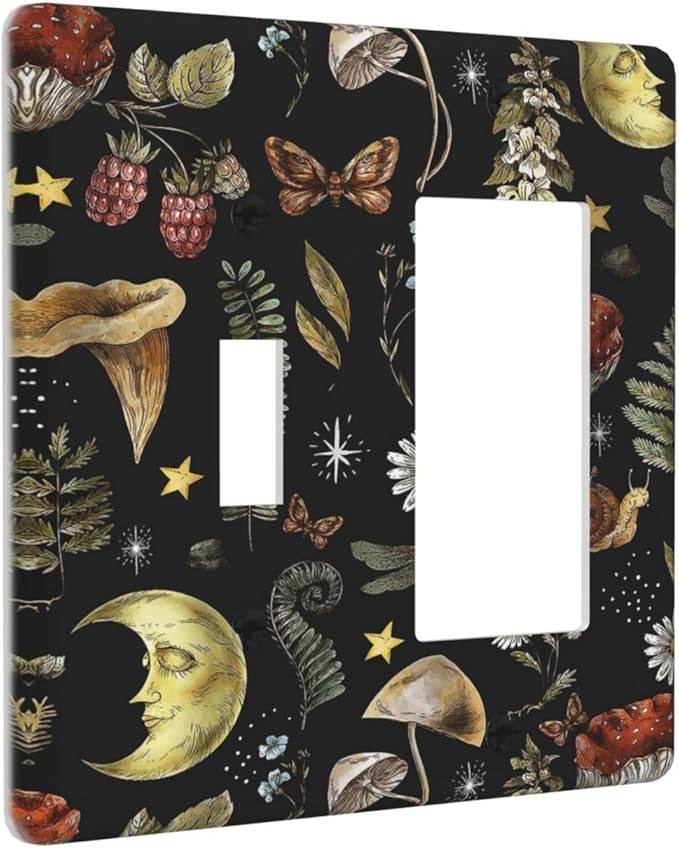 Nature Plant Botanical Daisy Mushroom Snails And Moon 2 Gang Combination Light Switch Cover Decorative Toggle Rocker/Decora Wall Plate Electrical Faceplate for Bathroom Kitchen Home Decor