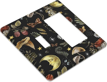 Nature Plant Botanical Daisy Mushroom Snails And Moon 2 Gang Combination Light Switch Cover Decorative Toggle Rocker/Decora Wall Plate Electrical Faceplate for Bathroom Kitchen Home Decor