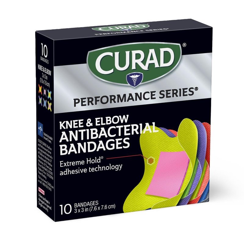 CURAD Performance Series Antibacterial Bandages, Elbows and Knees, 3" x 3", 30 Count