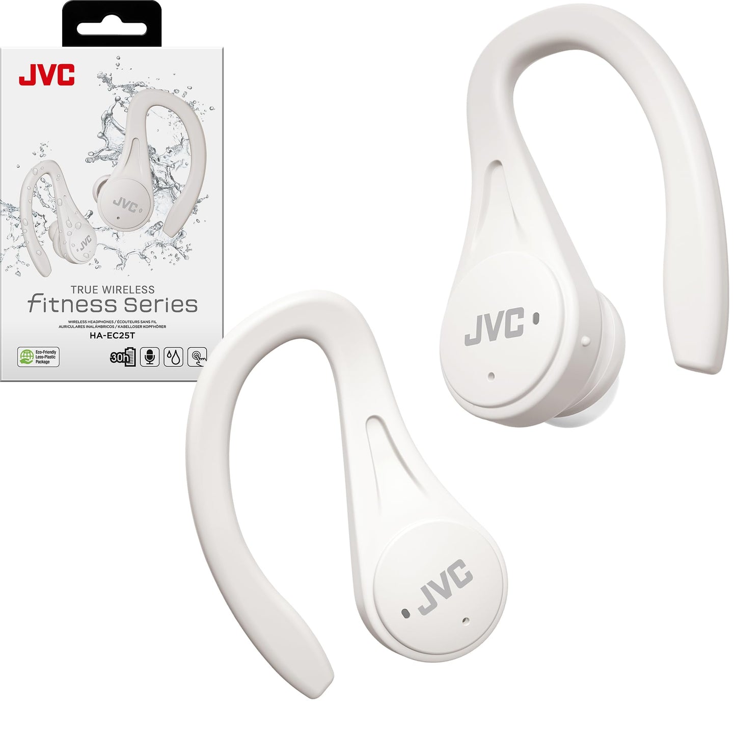JVC Sport True Wireless Earbuds Headphones, Lightweight and Compact, Long Battery Life (up to 30 Hours), Sound with Neodymium Magnet Driver, Water Resistance (IPX5) - HAEC25TW (White)