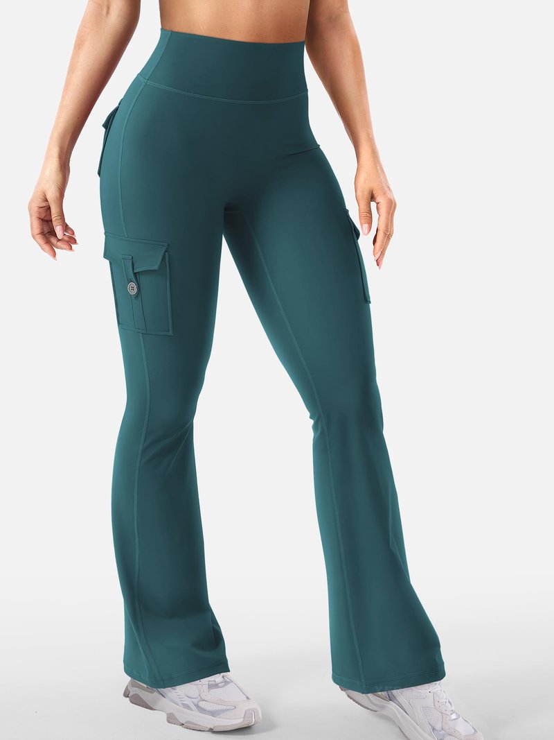 YEOREO CoreFlex Women Workout Flare Leggings with Pockets Hidden Scrunch High Waisted Cargo Gym Yoga Leggings Mediterranea S