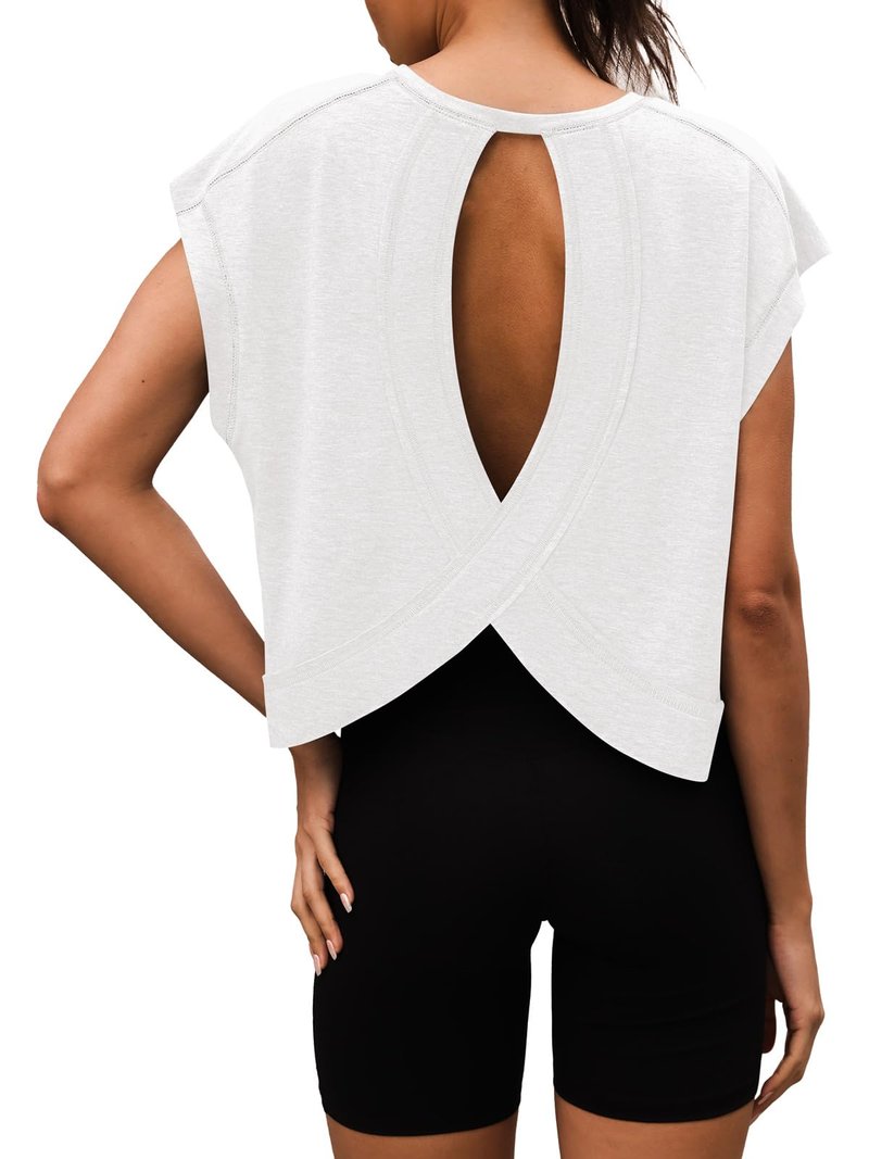 3rd hill Women Open Back Workout Shirts Short Sleeve Tops Casual Yoga Y2k Athletic Gym Running Crop Tees White S