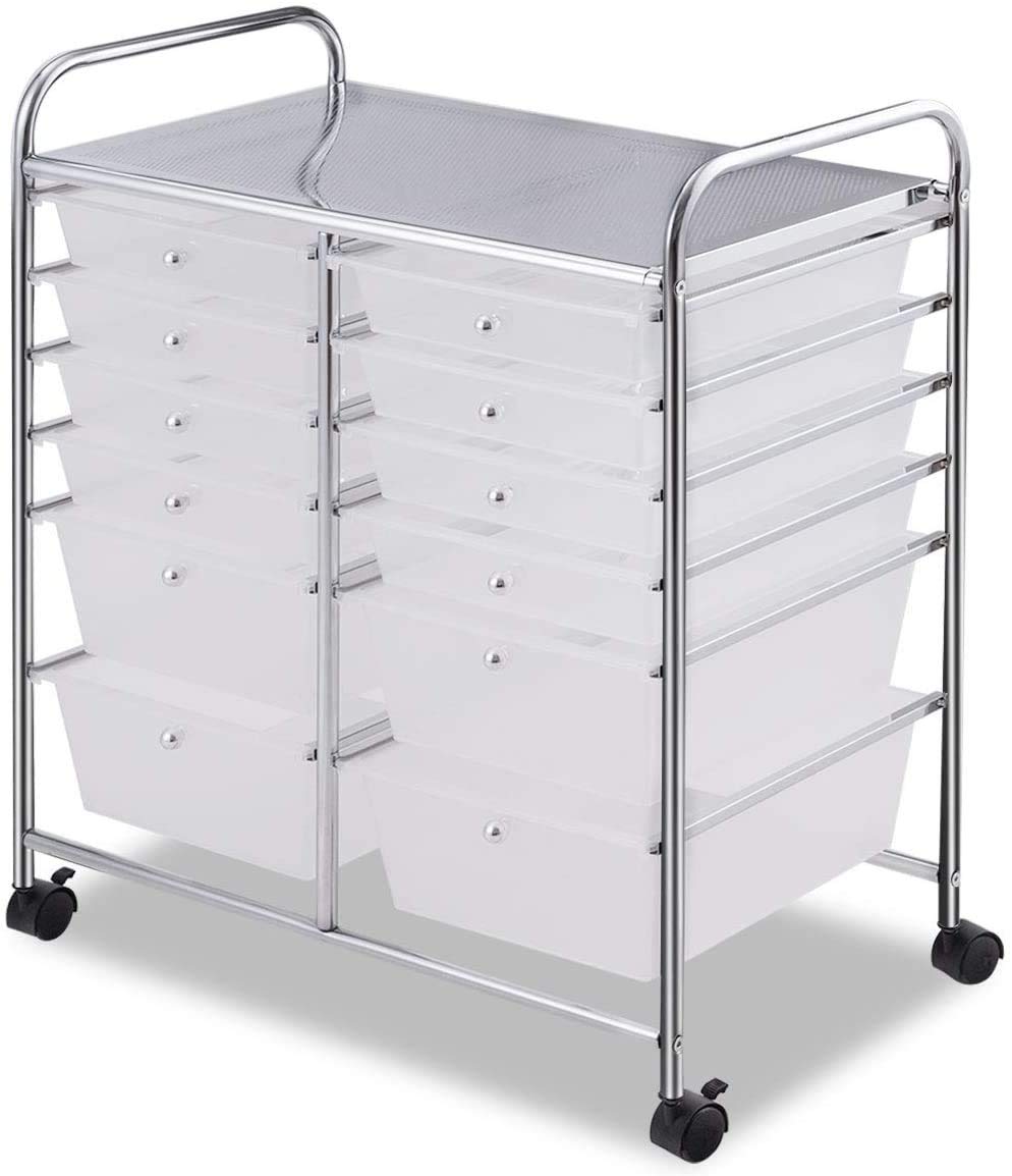Moccha 12-Drawer Rolling Storage Cart - Under Desk Storage Drawers with wheels for Craft Art Supply Paper Salon, Scrapbook Paper Tools, Mobile Utility Cart for Classroom, Clear