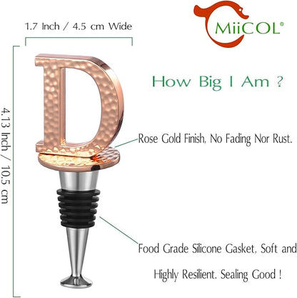 Miicol Wine Stopper, Prosecco Topper, Personalised Champagne Stopper, Rose Gold Wine Bottle Accessories, Wine Lovers Gift, Monogram Gift, Letter D