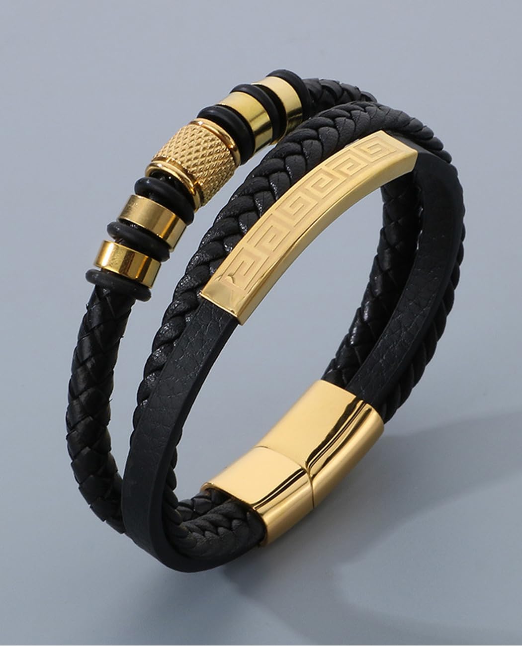 Kim Carrey Italian Handmade Genuine Leather Bracelets for Men Stainless Steel Clip, Men's Casual Genuine Multi-layer Cuff Bracelet, Bracelet Gift for Real Men (Golden)