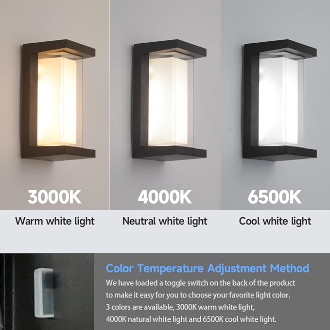 Outdoor Wall Light Fixtures,Exterior Waterproof Lanterns,15%-100% Dimmable,3CCT 3000K/4000K/6500K,2160LM Aluminum Outdoor Modern Wall Lights,10.23 Inch Matte Black Indoor Wall Sconce Art Lights 1 Pack