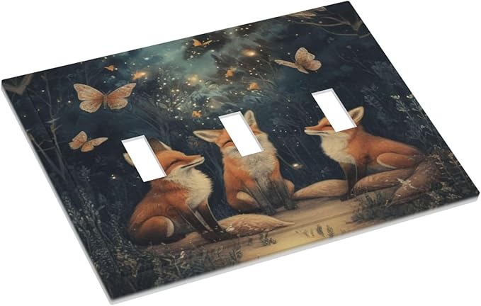 Decorative Art Light Switch Covers Foxes & Forest 3 Gang Triple Toggle Wall Plate Decorative Switch plate Electrical Faceplate for Home Decor