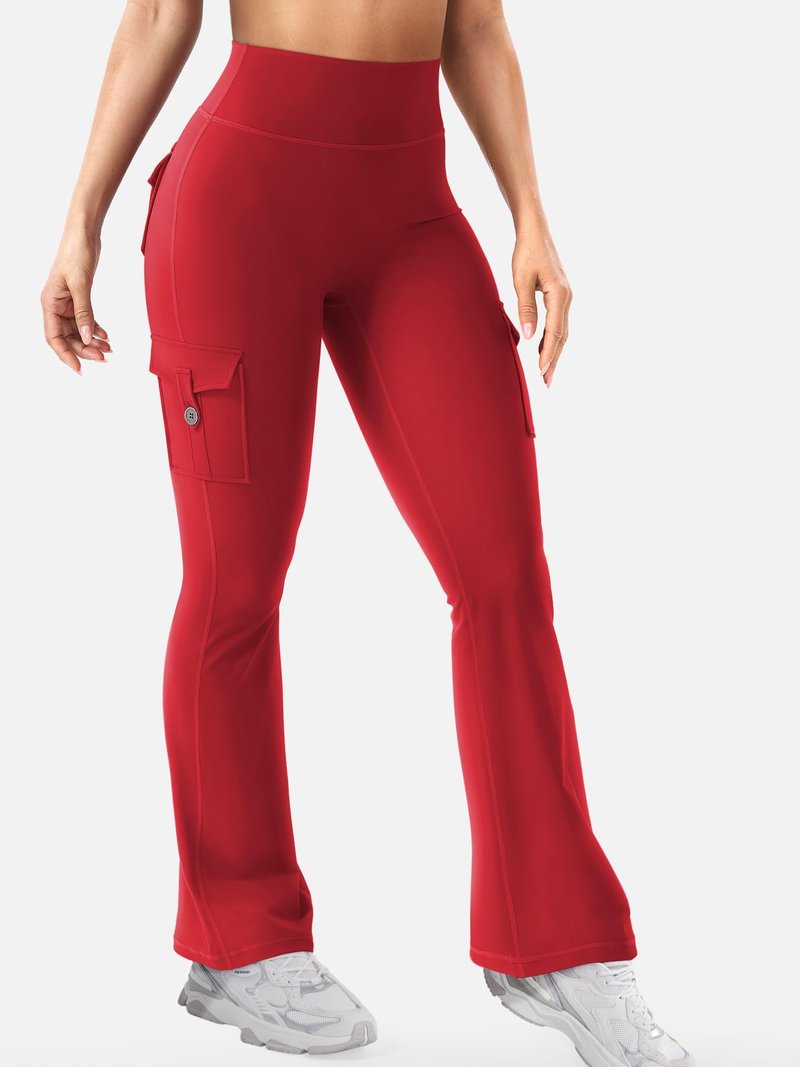 YEOREO CoreFlex Women Workout Flare Leggings with Pockets Scrunch Cargo Gym Yoga Leggings 28" Inseam Red XL