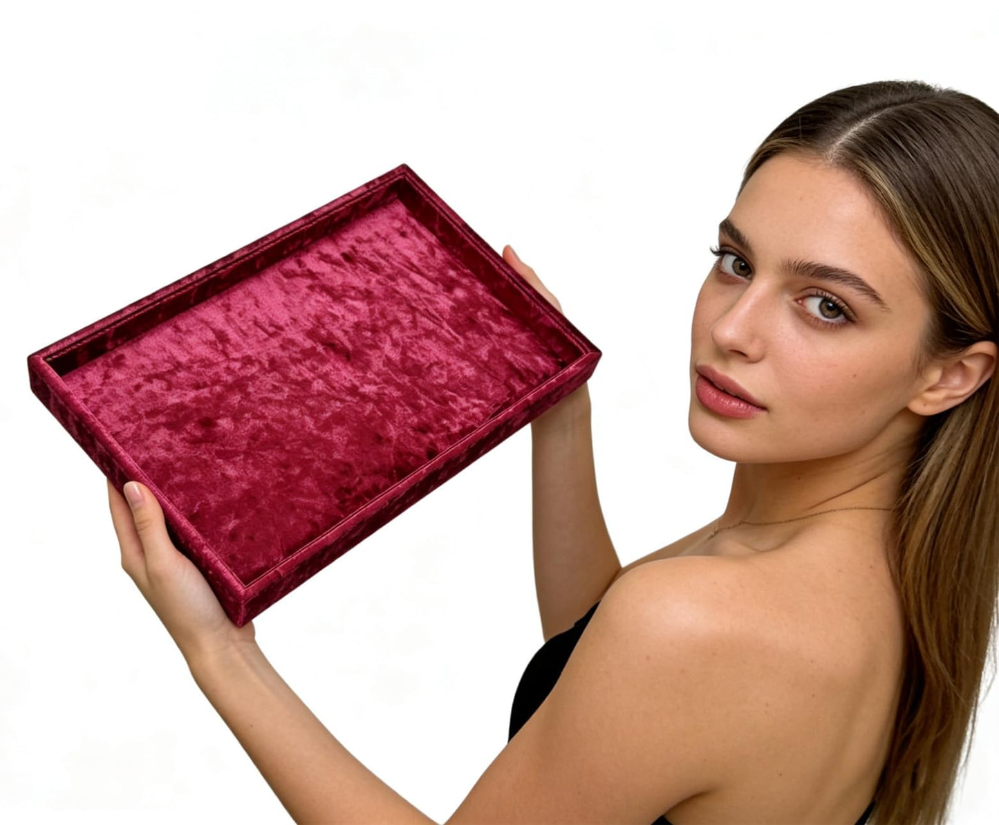 AgentMoon Luxurious Decorative Jewelry Tray,Commodity Display Board,Bedside Storage Tray for Eyeglasses Phone Watch Bracelet Earring Keys.Luxury Extra Velour (Embossed Red)