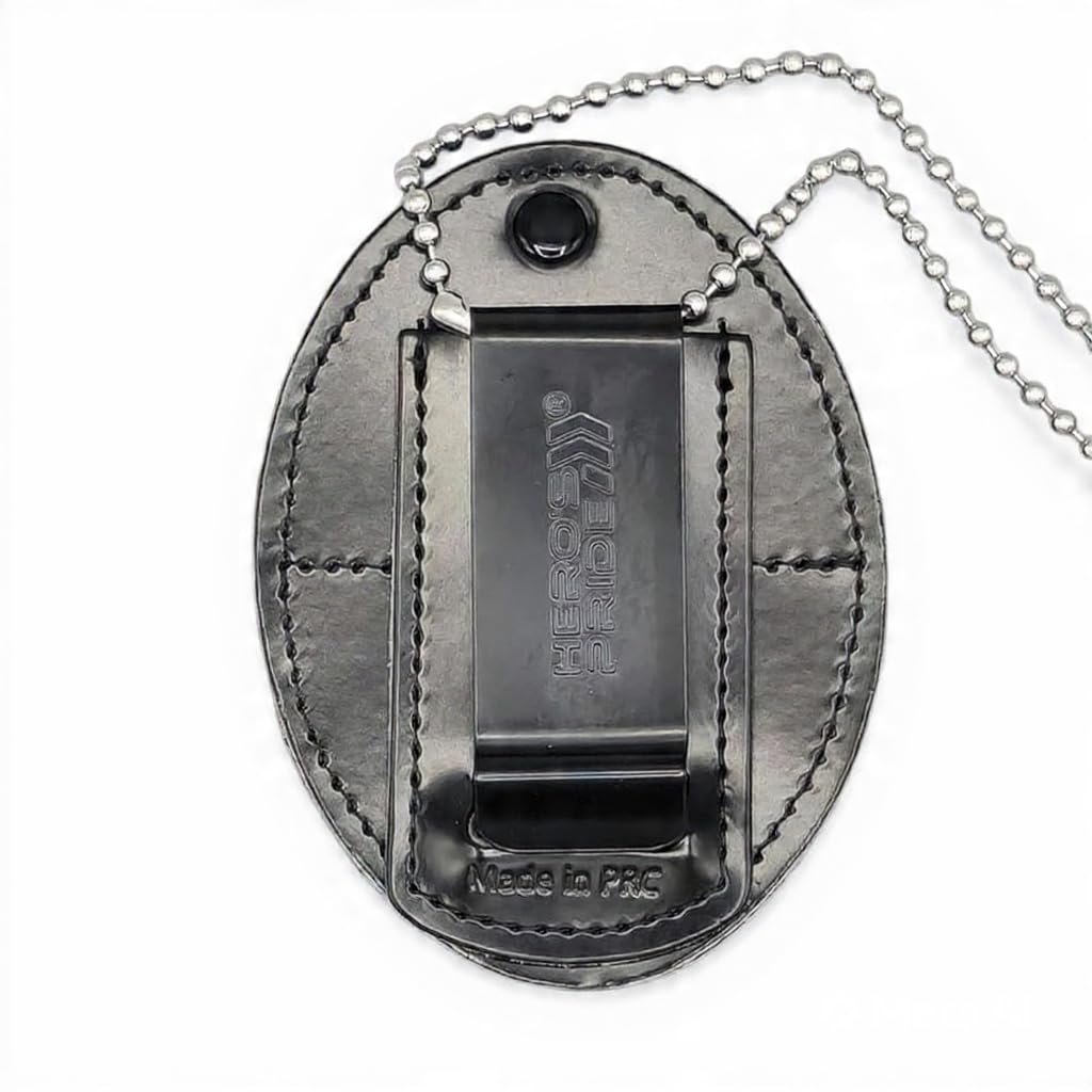 Hero's Pride Universal Oval Badge Holder, Standard Issue Leather Shield Case, Spring Clip and Neck Chain, Hook Fastener, 2-5/8" x 3-5/8" (Badge Not Included)