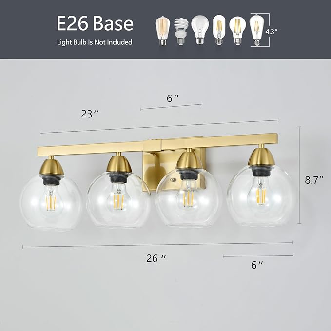 4-Light Bathroom Vanity Light, Gold Wall Sconce with Premium Hand-Crafted Glass Shades, Shatter-Resistant & Few Imperfections, Ideal for Mirror, Kitchen, Living Room
