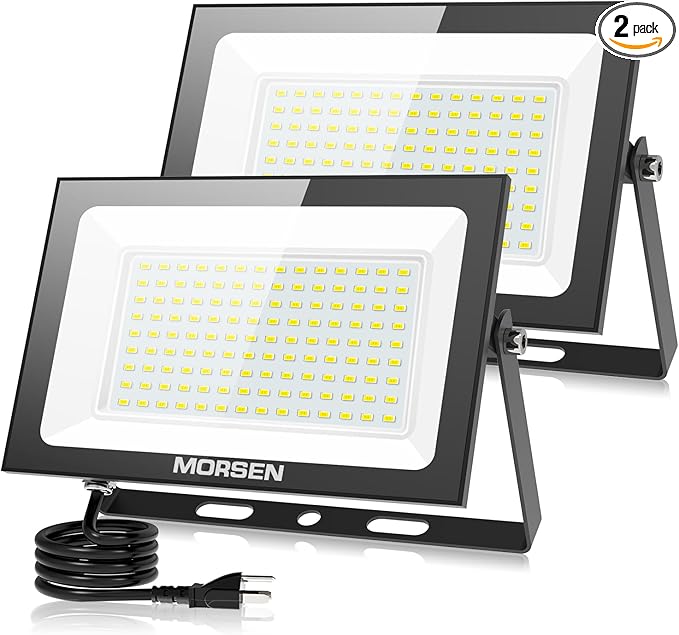 MORSEN 100W Flood Lights Outdoor, 18000lm Bright LED Work Light with Plug, 6500K Daylight White LED Flood Lighting, IP66 Waterproof Security Yard Lights for Yard Garage Stadium 2 Pack