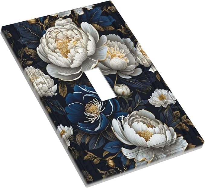 White Gold Blue Flower Light Switch Covers 1 Gang Single Toggle Wall Plate Decorative Switchcover Electrical Switchplate for Country Living Decor