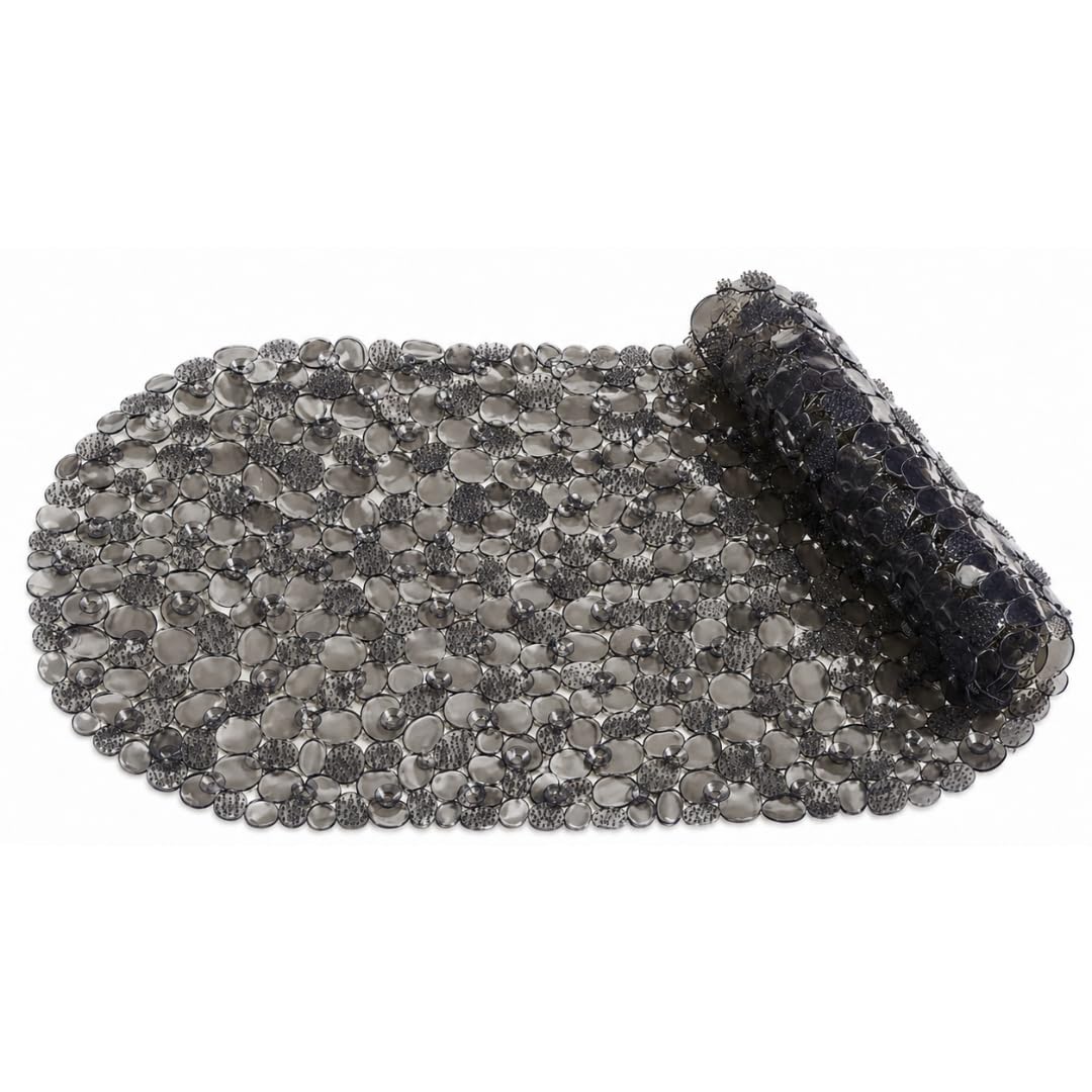 Bath Bliss Non-Slip Pebble Bathtub Mat 18x36 Oval Smoke Color | Suction Cup Shower Mat with Drain Holes | Machine Washable Anti-Slip Tub Mat