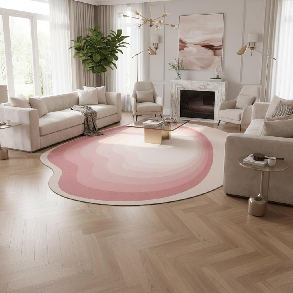 Odd Shaped Rugs 2x3 Ombre Pink Beige Irregular Shape Area Rug for Living Room Bedroom Nursery Non Shedding Washable Carpet Minimalist Boho Home Office Guestroom Lightweight Non Slip Throw Mats