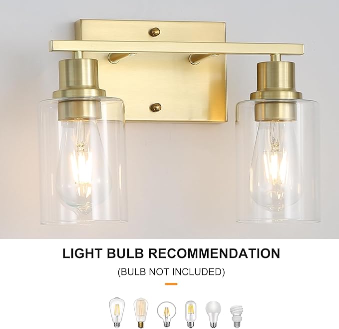 Brass Bedside Wall Sconces Set of 2, 1-Light Gold Bathroom Vanity Lights Fixtures with Clear Glass Shade, Farmhouse Modern E26 Wall Lamp for Hallway Living Room Bedroom