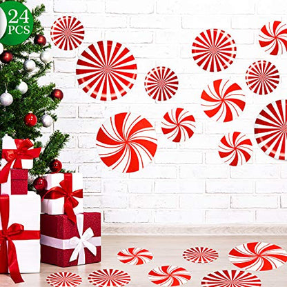 Outus 24 Pieces Christmas Peppermint Floor Decals Stickers for Christmas Decoration Candy Party Supply Red and White Large Decals for Floors, Windows, Counters and Walls
