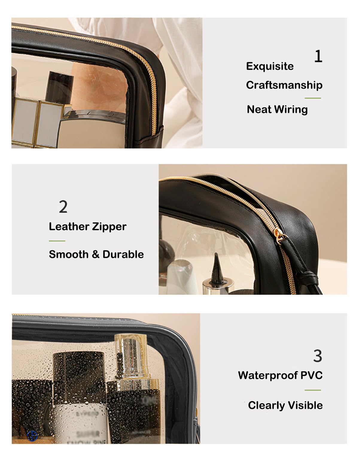 3Pcs Travel Clear Makeup Bag Set for Women, Transparent Toiletry Bag with Zipper Portable Makeup Pouch Organizer Waterproof Small Cosmetic Bag Compact Car Bag Organizer Car Accessories (Black Set)