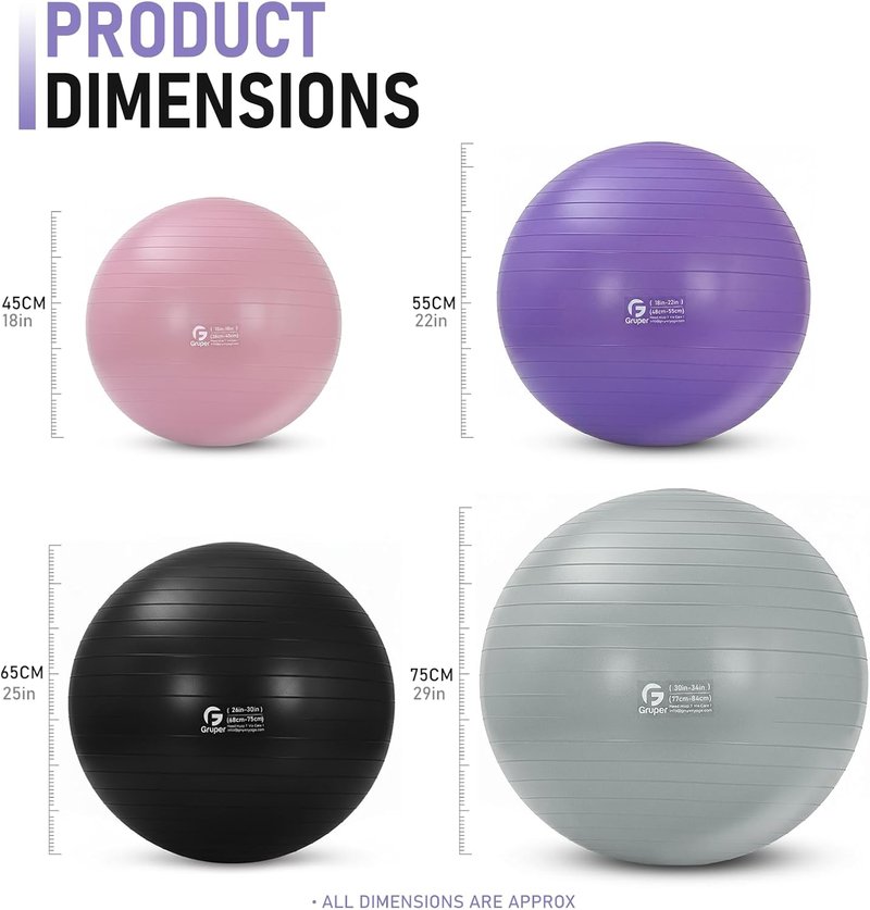Yoga and Pilates Ball - 15" to 30" Sizes for Fitness, Workout, Pregnancy & Therapy | Quick Pump Included