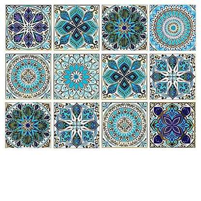 Kakofaci Mandala Style 12 Pcs (6x6 in) Decorative Tile Stickers, Peel and Stick Self Adhesive Removable Moroccan Talavera Tiles Backsplash Waterproof Kitchen Bathroom Furniture Staircase Home Decor