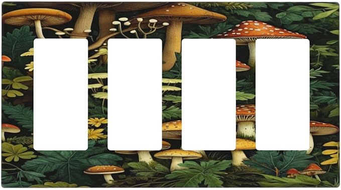 Mushrooms Forest Nature Botanical Art Light Switch Cover 4 Gang Rocker Decora Outlet Covers Wall Plate Decorative Switchplate Electrical Faceplate GFCI for Farmhouse Living Decor