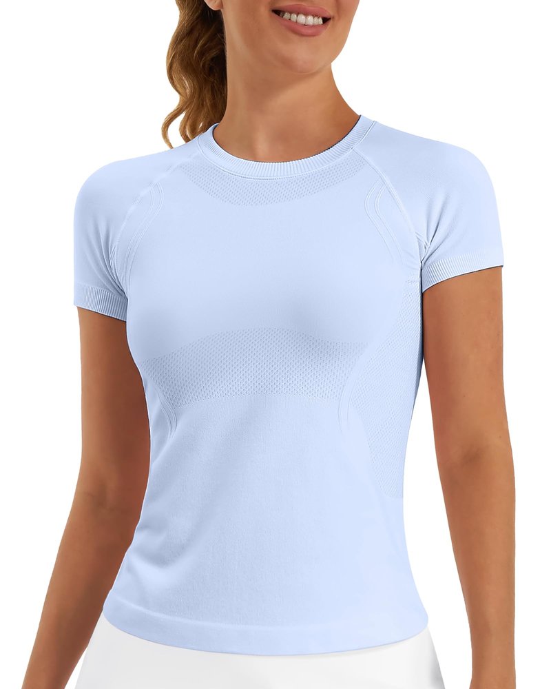 Stelle Women Workout Tops Short Sleeve Seamless Athletic Shirts Yoga Gym Sports Breathable Tees(Blue,S)