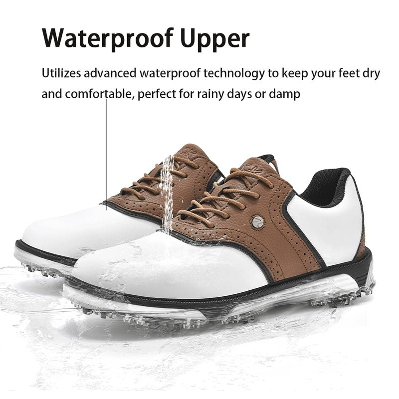 DARIBOM Mens Golf Shoes Traditions Fixed Nailless Sole Waterproof Spikeless Size 13(Brown)