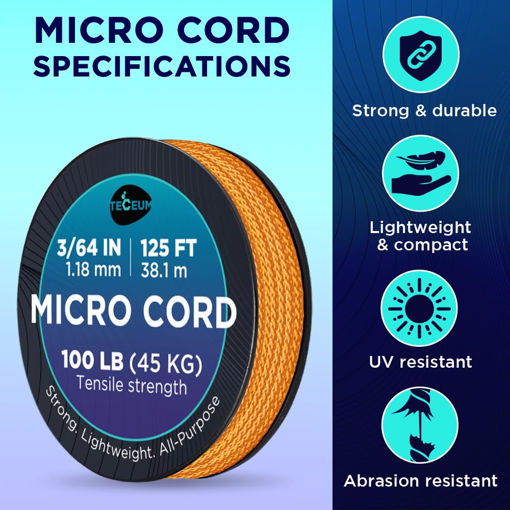 TECEUM Micro Paracord – Purple – 1.18 mm x 125 ft – Micro Utility Cord – Thin Braided Paracord Rope Nylon Polyester – Wind Chime Replacement – Survival Strong String 026c