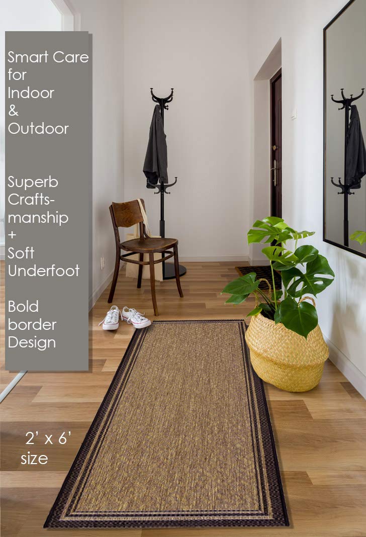 Gertmenian Indoor Outdoor Classic Flatweave Area Rug, Stain & UV Resistant Carpet, Deck, Patio, Poolside & Mudroom, 2x6 Ft Runner, Simple Border, Black Tan, 22013
