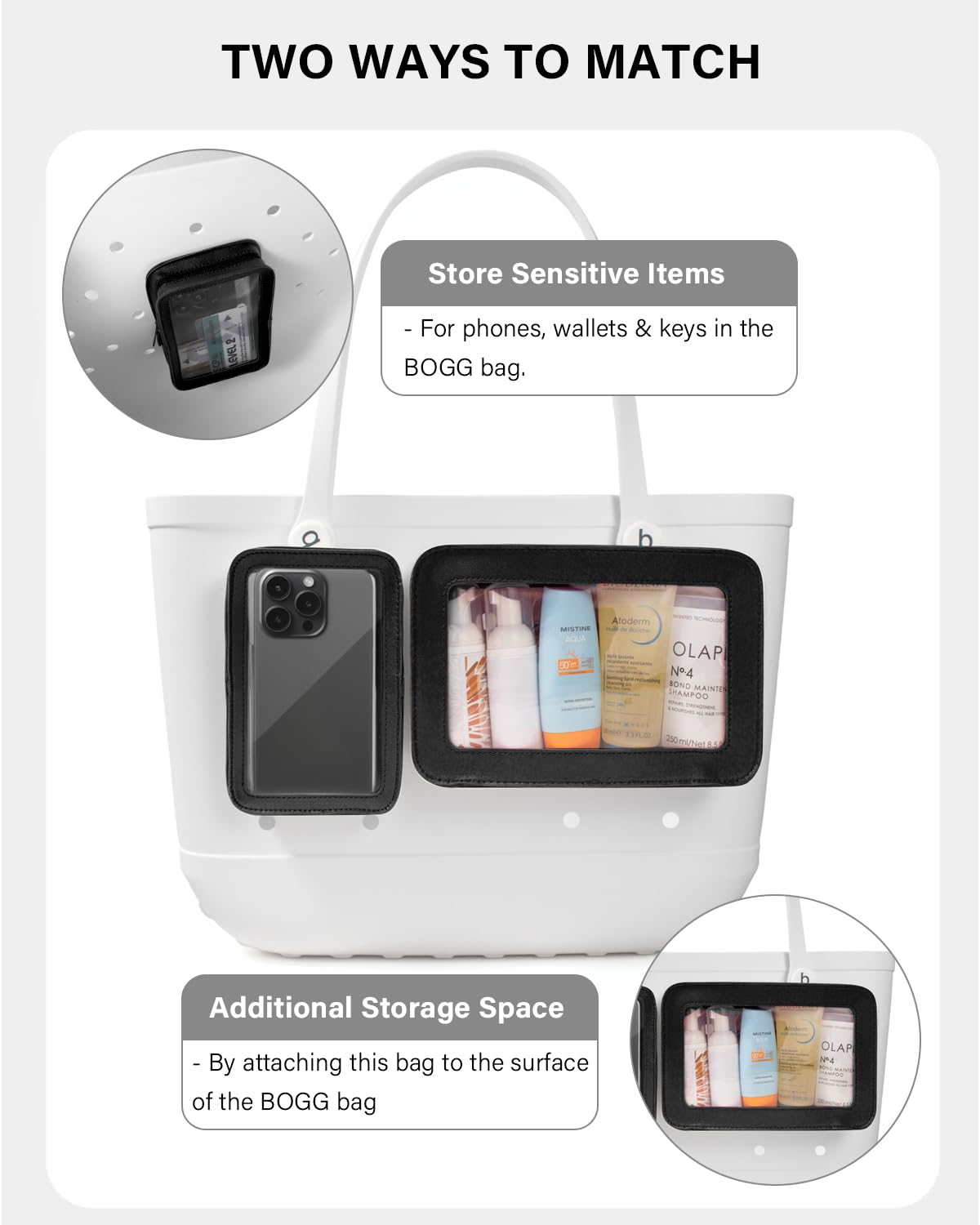LETGO Clear Insert Bag for Bogg Bag Accessories - 2 Packs Leather Zipper Insert Pouch for Bogg Tote Travel Makeup Clean Toiletry Handbag Organizer Cosmetic Divider Storage Inner Pouch (Black)