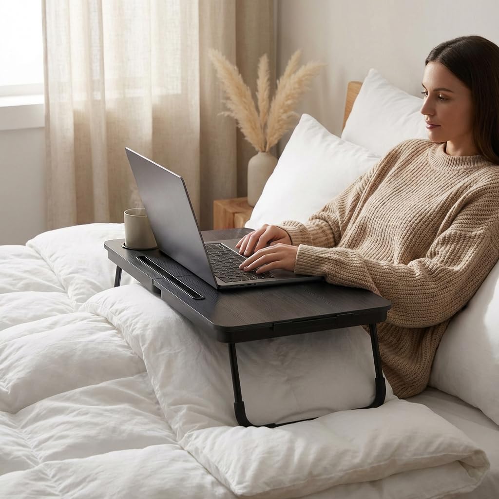 BUYIFY Foldable Laptop Bed Desk for Couch, Sofa - Large Lap Desk Tray Table with Cup Holder and Tablet Slot - Portable Notebook Stand for Eating, Writing, Studying and WFH -NEW-006