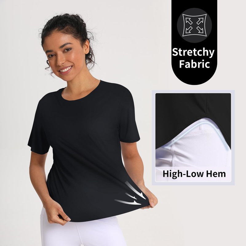 CHALLMOTI Workout Tops for Women Running Shirts Short Sleeve Sun Protection Athletic T-Shirts Quick Dry UPF 50+ Black L