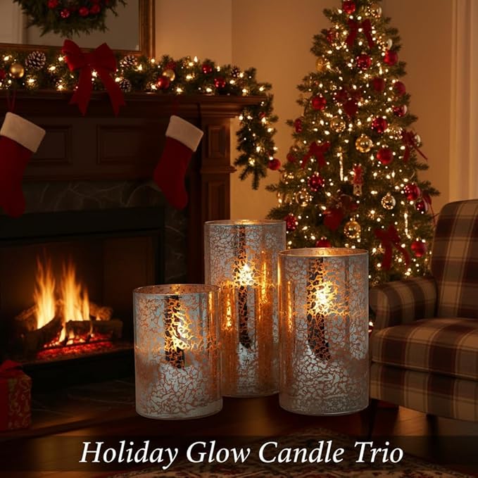 Flameless Silver Mercury Glass LED Pillar Candles with Remote and Timer, Batteries Included, Flickering Warm White Light, Set of 3 for Home Décor, Weddings, Parties, and Romantic Ambiance, Holiday