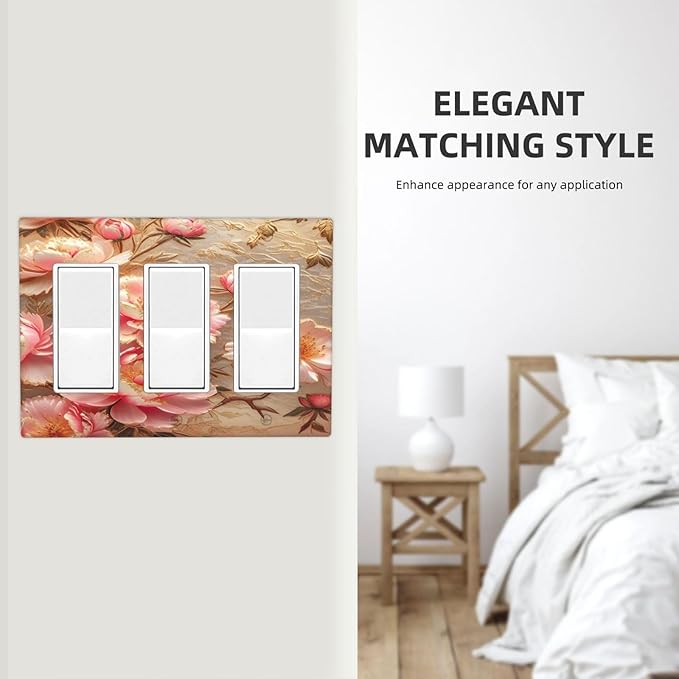 Pink Blooming Flowers Peonies Floral 3 Gang Rocker Triple Outlet Wall Plate Decorative Switch plate Cover Faceplate GFCI Light Switch Covers for Farmhouse Living Decor