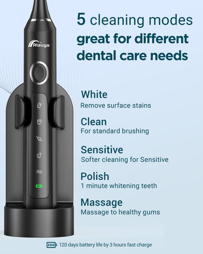Rtauys M5 Sonic Electric Toothbrush for Adults and Kids - Rechargeable Electric Toothbrush Kids Ages 12+ and Adults with 8 Brush Heads & Travel Case, 120 Days Battery Life - Pink