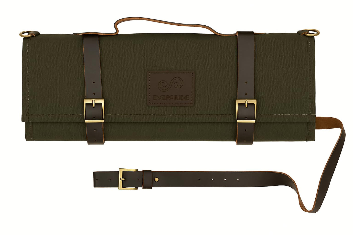 EVERPRIDE Stunning Waxed Canvas Roll Bag in Rich Dark Green w Genuine Leather Trim. Handsome Professional Chef Knife Roll Bag with upto 14" Knives and Storage Compartments A Super Gift