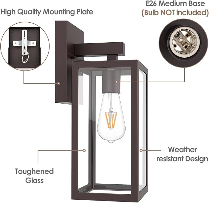MAXvolador Outdoor Wall Sconce, Exterior Waterproof Wall Lantern Light Fixture, Dark Chocolate Porch Light Glass, Anti-Rust E26 Patio Lighting, 2 Pack