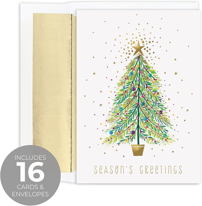 Masterpiece Sparkle Tree Christmas Cards / 16 Boxed Holiday Cards With Gold Foil Accents And Coordinating Gold Foil Lined Envelopes / 5 5/8" x 7 7/8" Folded Winter Greeting Cards With Inside Verse