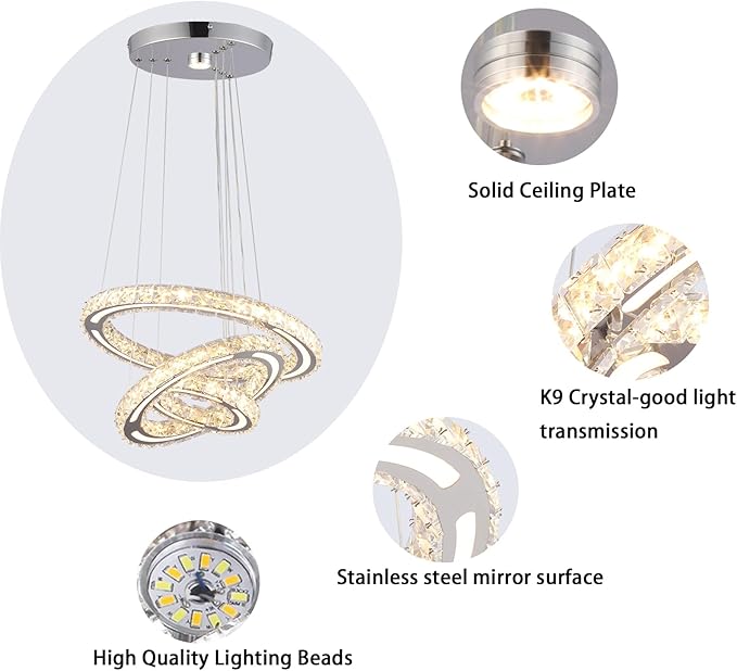 FRIXCHUR Crystal Chandelier LED Chandeliers Ceiling Light Fixture 3 Ring Adjustable Pendant Light Modern Chandelier for Bedrooms Living Room Dinning Room (Dimmable)