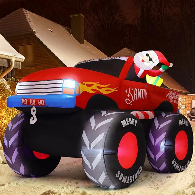GOOSH 7.5 FT Long Christmas Inflatables Monster Truck Outdoor Decorations Blow Up Yard Santa Claus with Presents on Truck with Built-in LEDs for Garden Lawn Indoor Party Décor