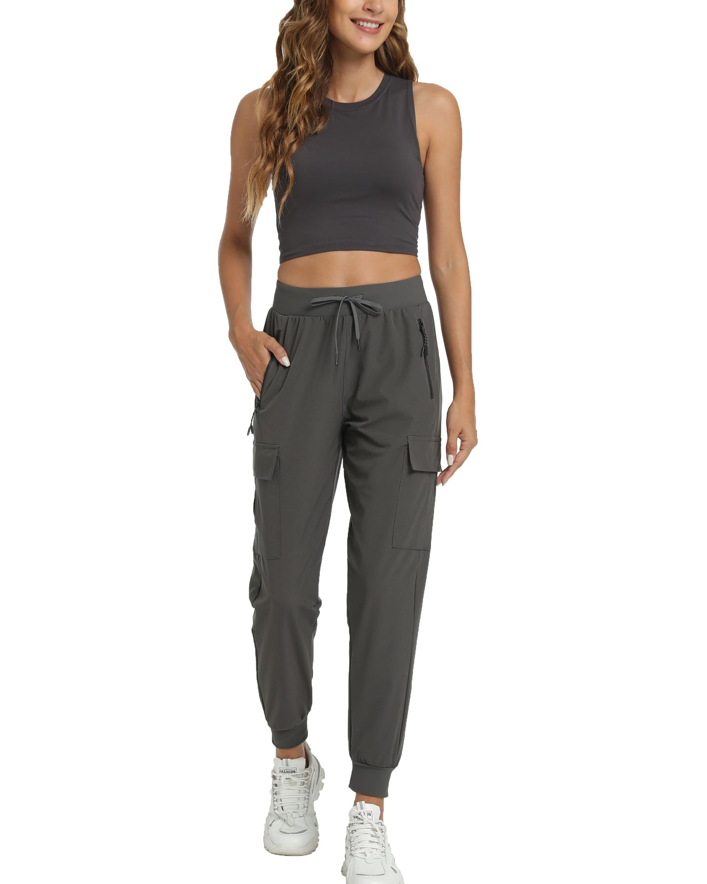 Women's Lightweight Joggers Hiking Cargo Pants-4 Pockets(Grey, Medium)